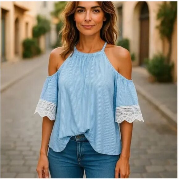 Ann Taylor Cold Shoulder Blue/White Blouse Shirt Top Blue/White Lace XSmall - Picture 1 of 12